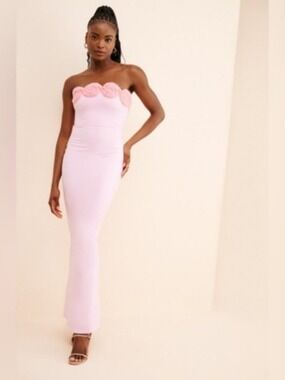 Elexiay Anthropologie Edo Maxi Dress Crochet Rosettes Pink Strapless M